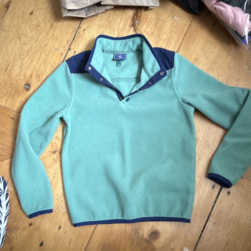 Vineyard Vines Shep Shirt kids Fleece Snap Mock Neck Pullover size M Green/Blue